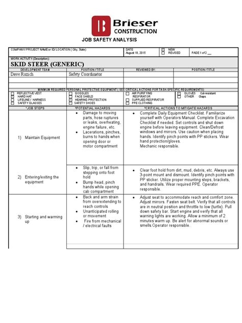 Skid Steer (Generic) : Job Safety Analysis 